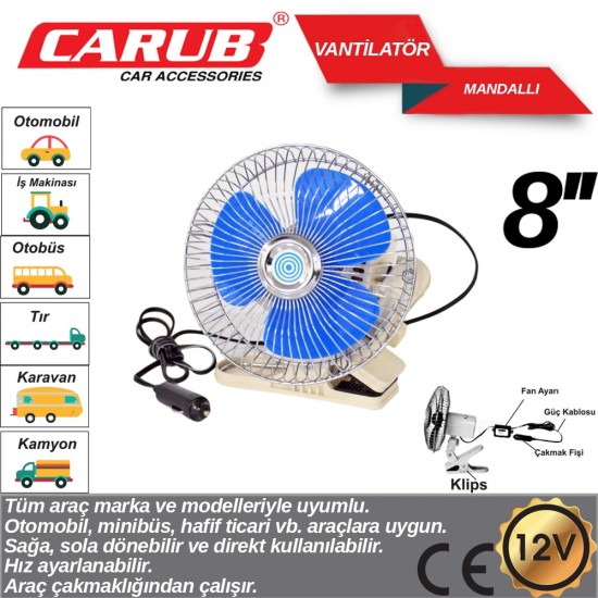 Vantilatör 12V 8 inch Mandallı