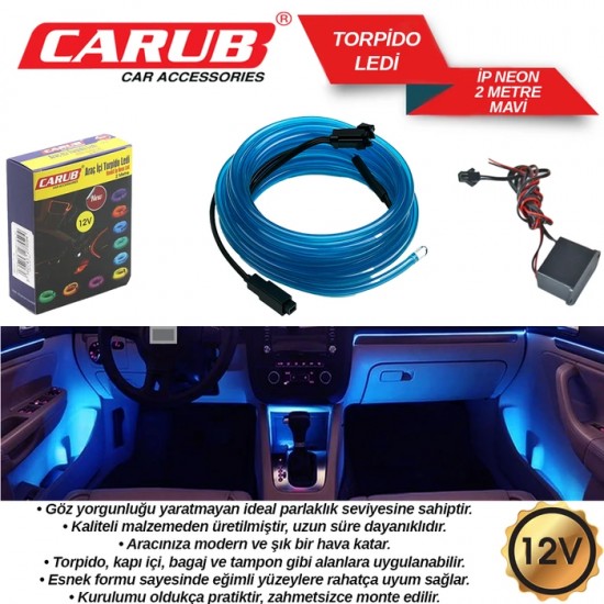 CARUB Araç İçi Torpido Ledi 12v İp Neon Mavi 2MT