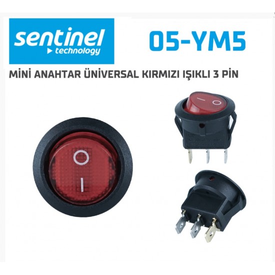 Mini Anahtar Yuvarlak Kırmızı Işıklı 3 Pin 05-YM5 ( 10lu Paket Fiyatıdır )