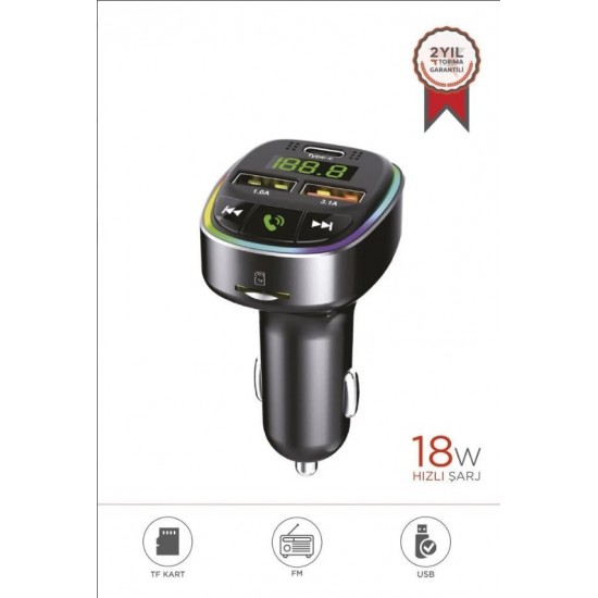 TORİMA G17 Siyah 18W Hızlı Şarjlı Bluetooth Transmitter Araç Şarj Cihazı – USB, TF Kart, FM, Mikrofon Destekli
