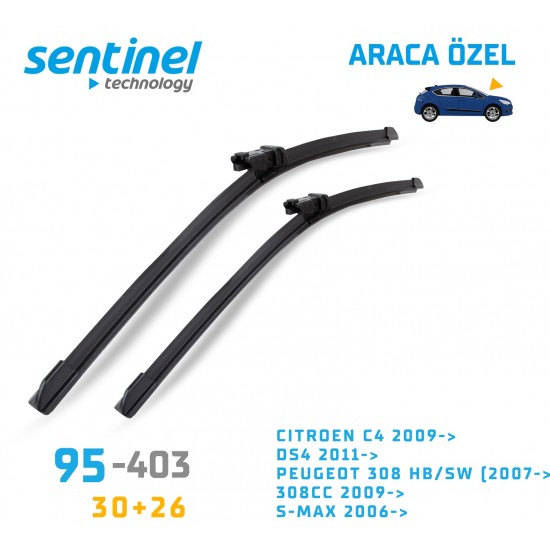 Araca Özel Silecek Takımı Cıtroen C4 2009->, Ds4 2011->,peugeot 308 Hb/sw (2007->), 308cc 2009->, S-max 2006->,  30" 26" 95-403