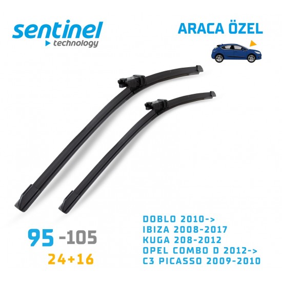 Araca Özel Silecek Takımı  Doblo 2010-  Ibıza 2008-2017 Kuga 208-2012 Opel Combo D 2012- C3 Pıcasso 2009-2010 24 16 95-105